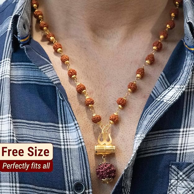 Gold Plated Rudraksha Trishul Necklace | Shiva Protection Pendant