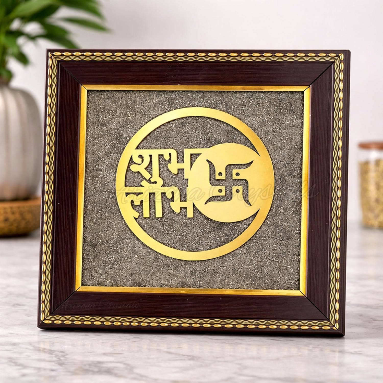 Shubh Labh symbols on natural raw pyrite cluster frame