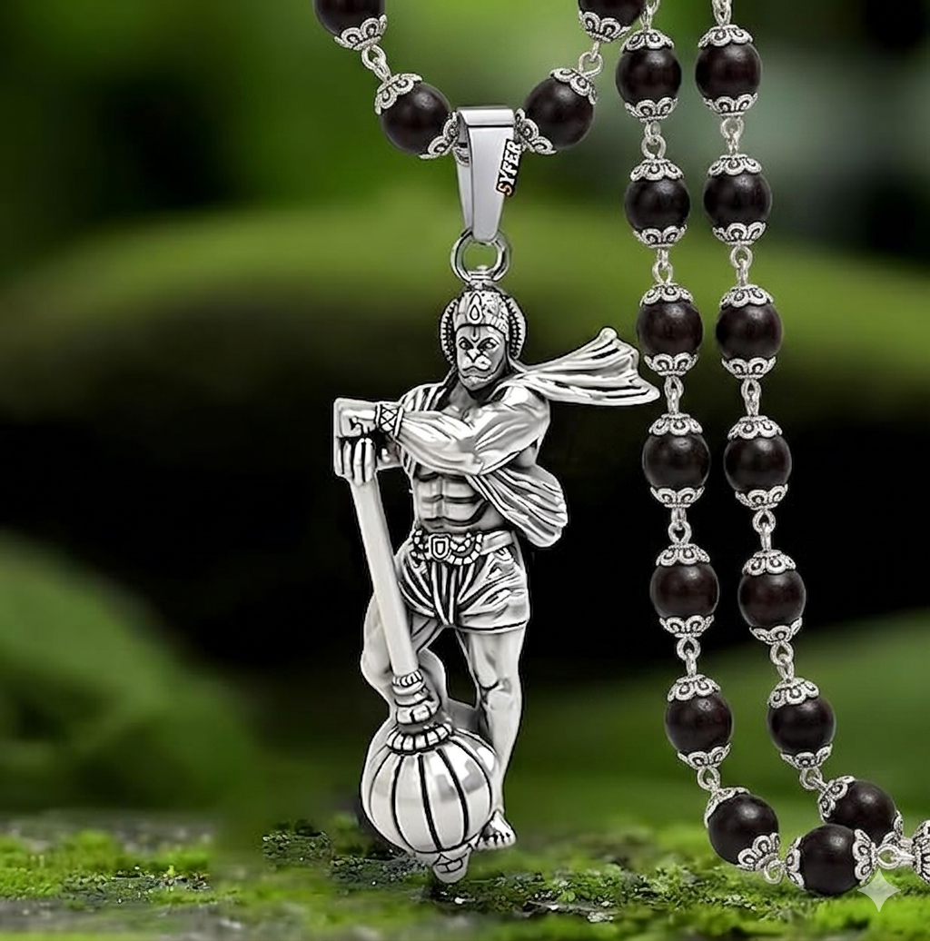 Natural Karungali bead necklace with silver finish Gadha charm