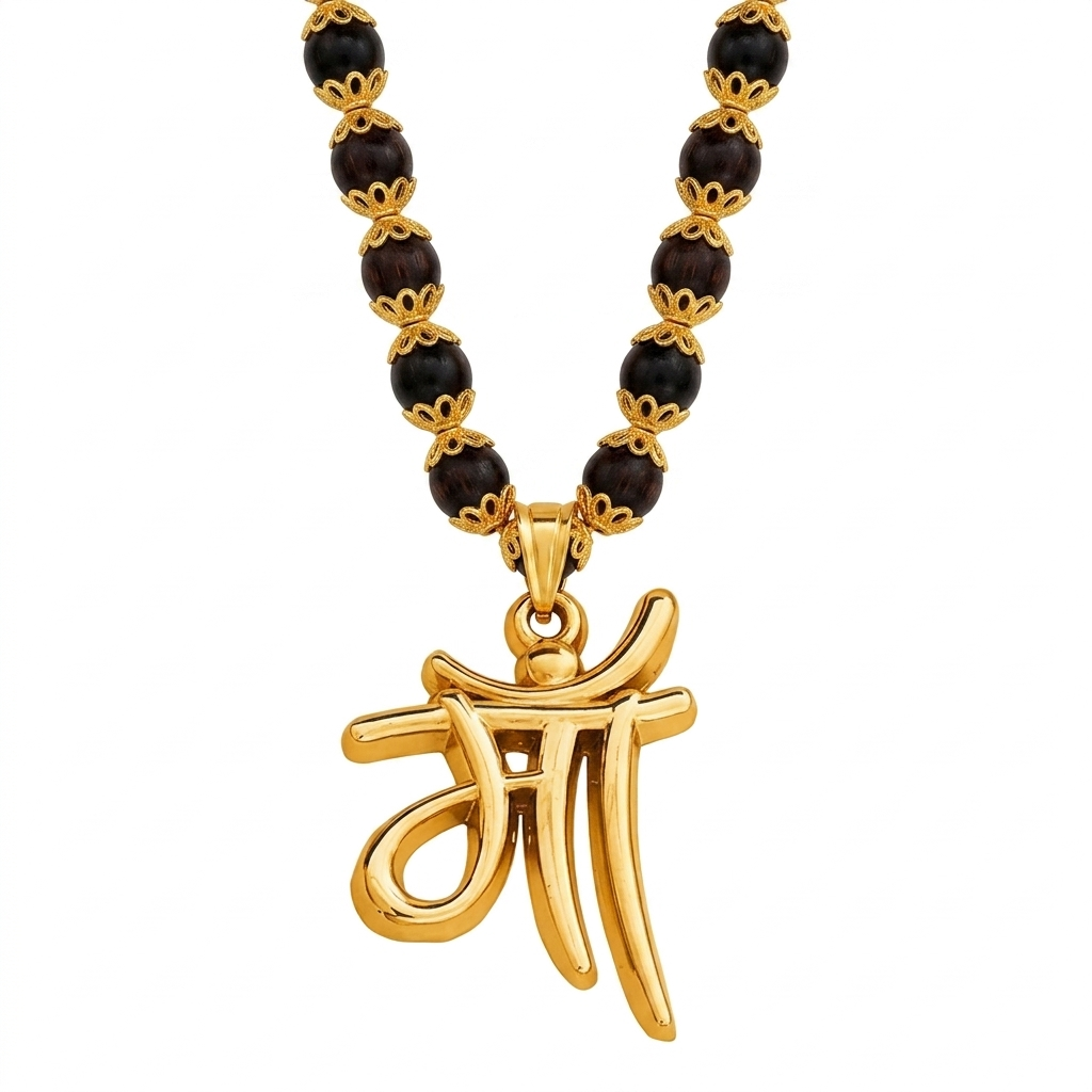 Natural Karungali bead necklace with Hindi Maa font script locket