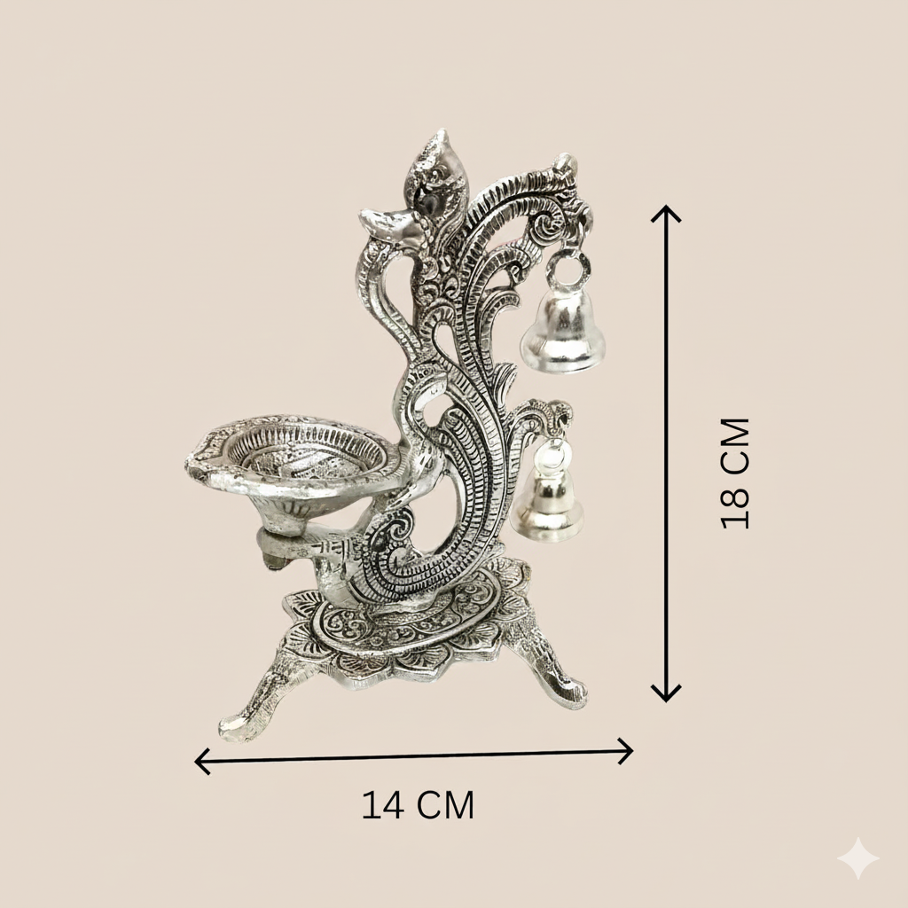 Decorative Oil Lamp Diya Stand with Bells, Antique Silver Finish, Traditional Peacock Design