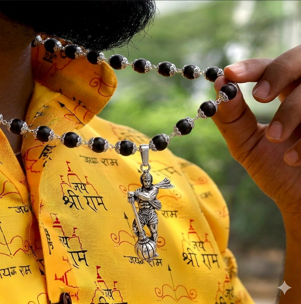 Silver plated Hanuman Gadha pendant with Karungali mala for success