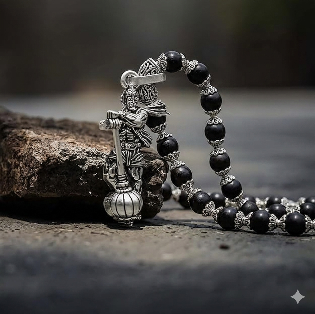 Silver plated Hanuman Gadha pendant with Karungali mala for success