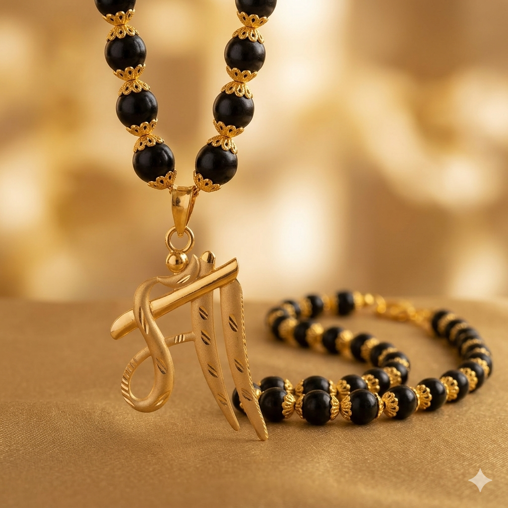 MAA Hindi gold finish pendant with gold capped Karungali mala
