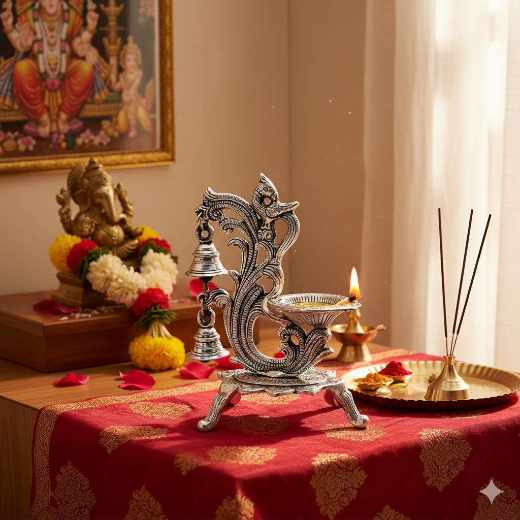 Decorative Oil Lamp Diya Stand with Bells, Antique Silver Finish, Traditional Peacock Design