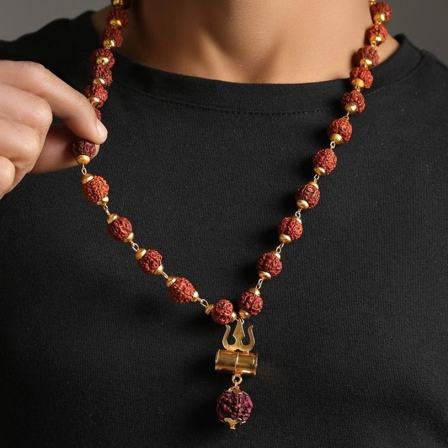 Panchmukhi Rudraksha bead necklace with golden Trishul