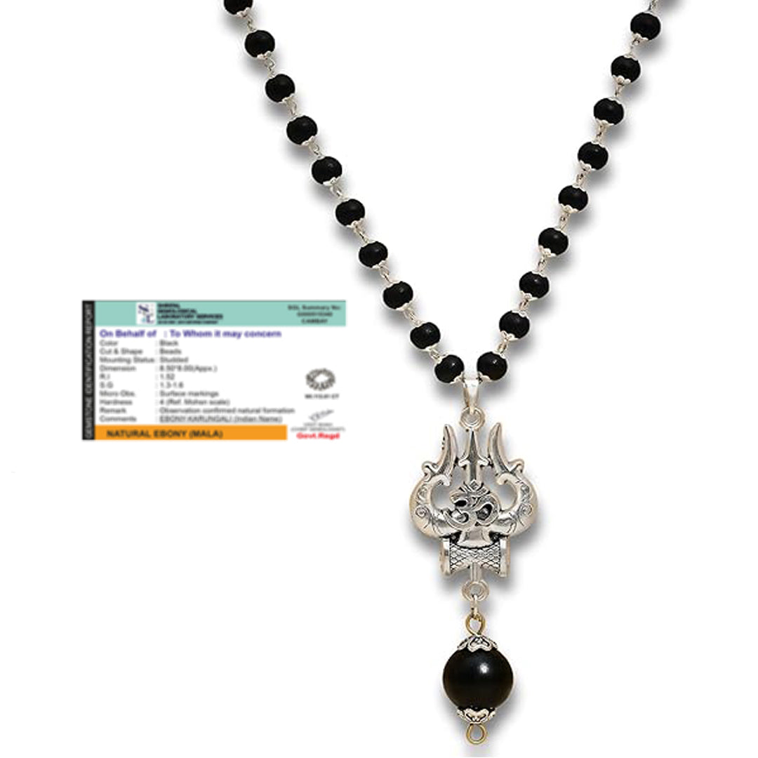 Authentic ebony wood mala with silver caps and shiva pendant
