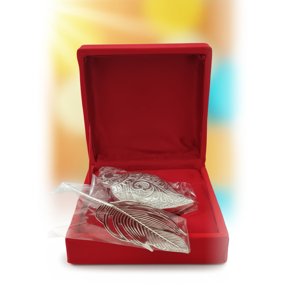 German Silver Sindoor Pot Set with Tilak Stick & Peacock Feather