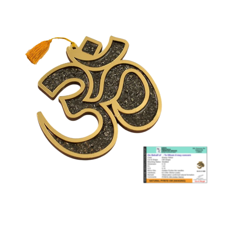 Natural silver luster pyrite Om symbol for Vastu Shastra